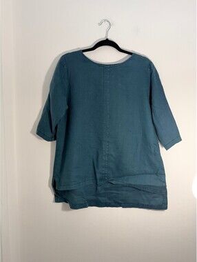 Lisa Bayne 100% Linen Teal Tunic Top Women’s M Made in USA Lagenlook